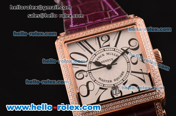 Franck Muller Master Square Swiss Quartz Rose Gold Case with Diamond bezel and Purple Leather Strap - Click Image to Close